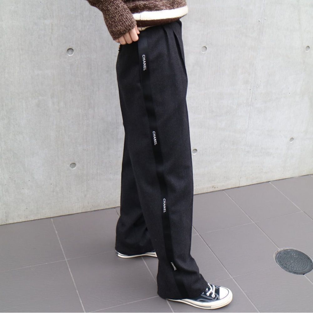Chanel Vintage 95P letters logo Tape straight Legs Wool Pants